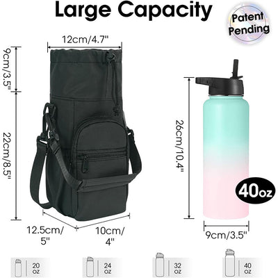 Black Insulated Cup Holder Bag with Adjustable Strap - Water Bottle Carrier with Lock Drawstring & Heatproof Handle