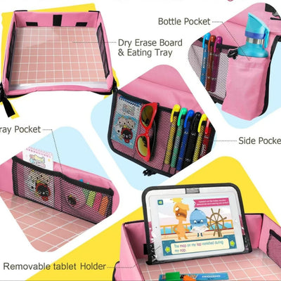 Pink Car Seat Organizer Tray for Kids - Travel Toy Storage with 43x36.5x30cm Large Capacity - Backseat Activity Tray with Storage Pockets