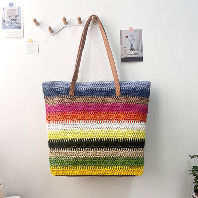 Color Mixing Eco-Friendly Woven Straw Tote Bag - Stylish 47x36x16cm Women's Shoulder Bag for Beach, Shopping & Daily Use