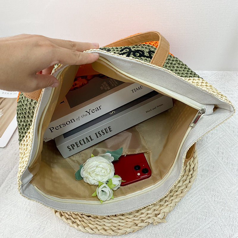 Color Mixing Eco-Friendly Woven Straw Tote Bag - Stylish 47x36x16cm Women&