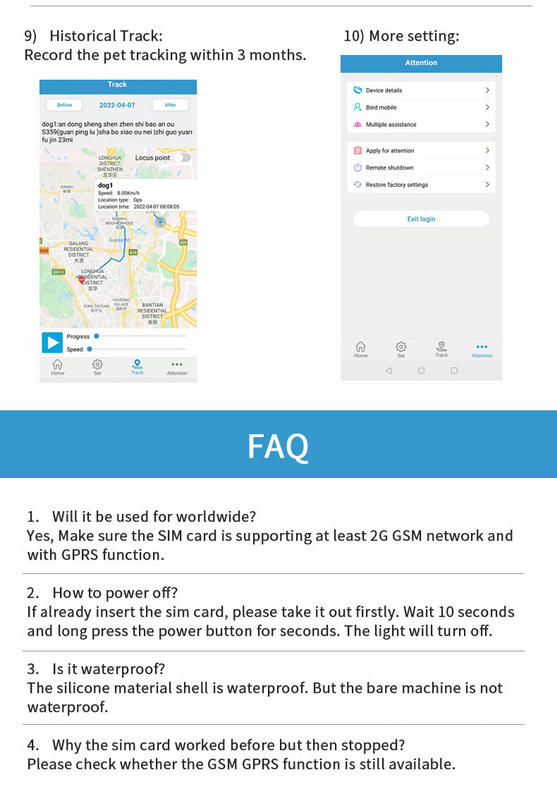 Black Real-Time Pet GPS Tracker Locator - Magnetic Charging, Multi-Mode Positioning for Dogs & Cats