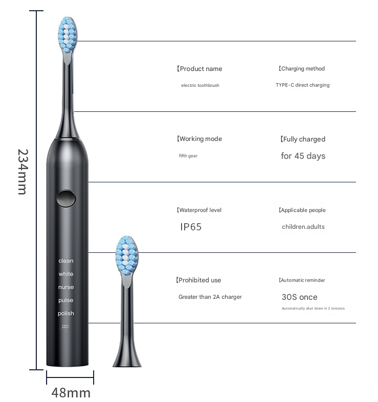 4 Brush Heads + Holder + Toothbrush Case Advanced Sonic Electric Toothbrush with 5 Modes, Smart Timer & Type-C Charging - For Adults & Kids