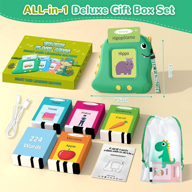 Little Green Dinosaur [112 cards] Bilingual Early Learning Flash Card Reader - Interactive Audio Toy for Toddlers