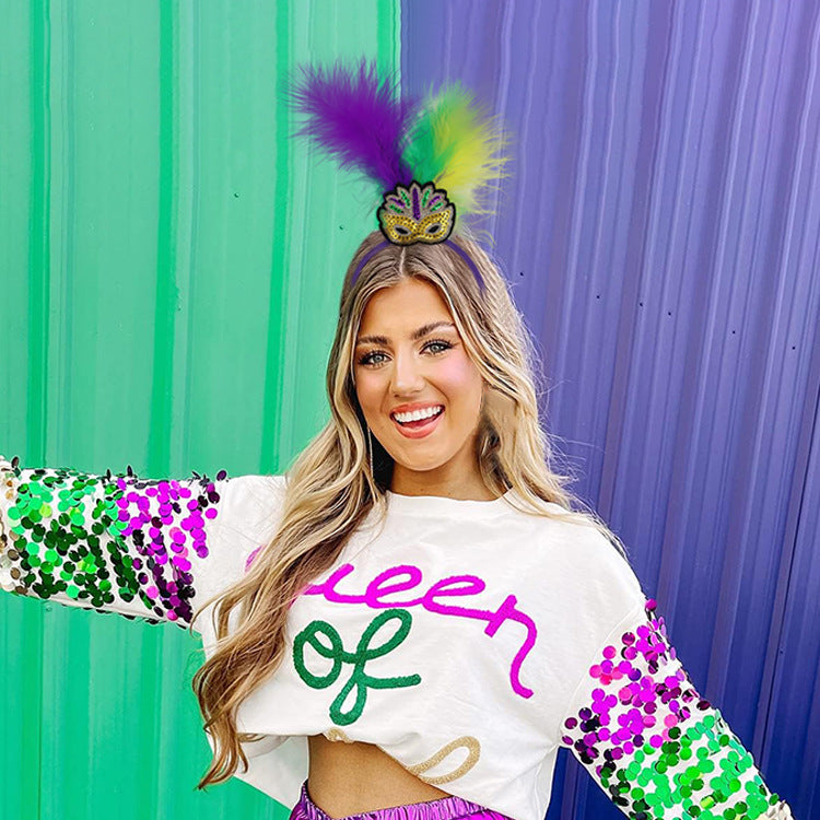 New Arrow Pattern Festive Mardi Gras Feather Headband Set - 10 Pack Sequin Jester Hat Party Accessory