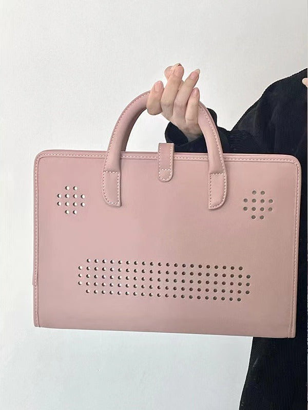 Stylish Leather Laptop Sleeve with Handle and Perforated Design - Soft Pink Color