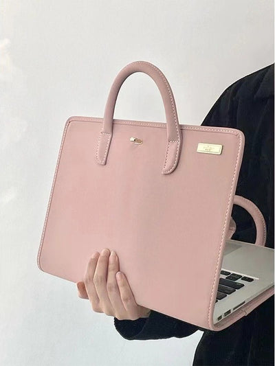 Stylish Leather Laptop Sleeve with Handle and Perforated Design - Soft Pink Color