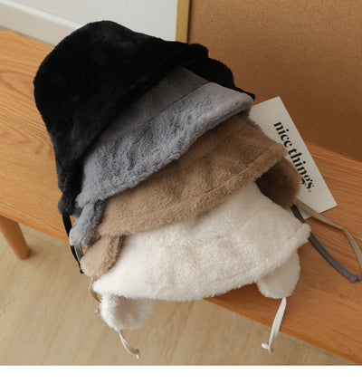 Plush Bucket Hat with Ear Flaps ,Warm Furry Winter Hat in Grey-One size (54-59cm) adjustable