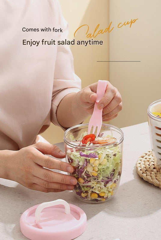 Yellow Double Layer Salad Cup with Fork - Leak-proof Fruit Container, Drain Design, Portable Oatmeal and Picnic Jar