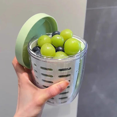 Green Double Layer Salad Cup with Fork - Leak-proof Fruit Container, Drain Design, Portable Oatmeal and Picnic Jar