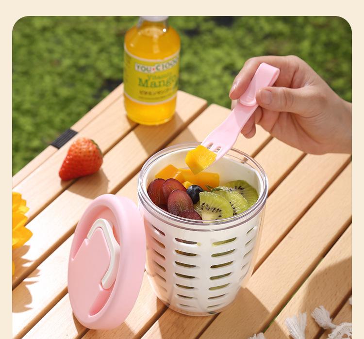 Green Double Layer Salad Cup with Fork - Leak-proof Fruit Container, Drain Design, Portable Oatmeal and Picnic Jar