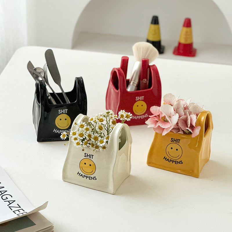Yellow Ceramic Desktop Organizer - Cute Hand Shaped Pencil Holder and Makeup Brush Storage for Home and Office