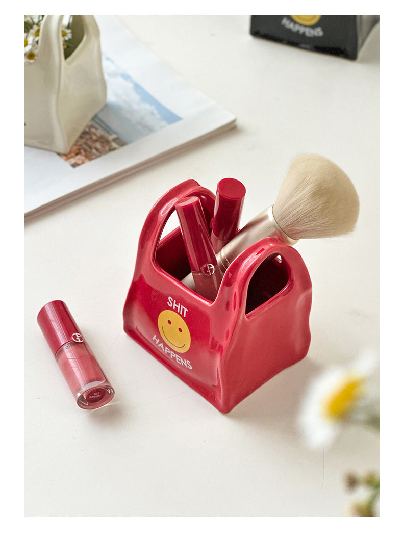 Yellow Ceramic Desktop Organizer - Cute Hand Shaped Pencil Holder and Makeup Brush Storage for Home and Office