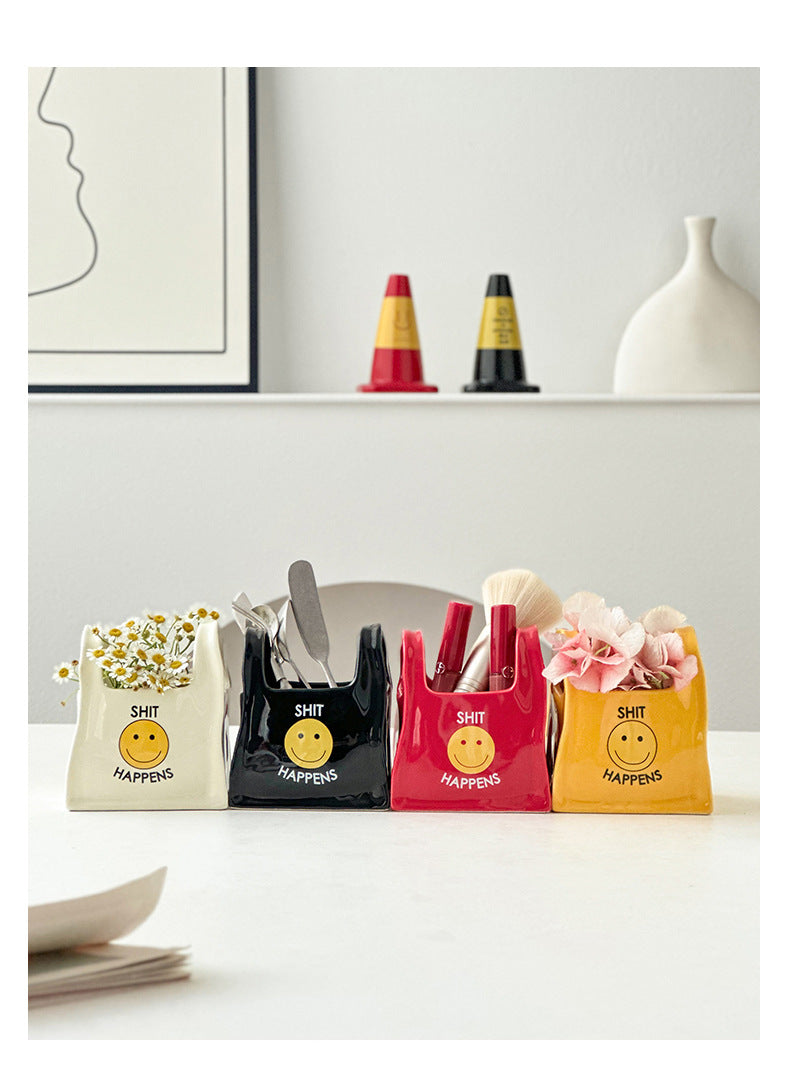 Yellow Ceramic Desktop Organizer - Cute Hand Shaped Pencil Holder and Makeup Brush Storage for Home and Office