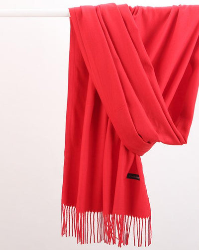 2pc Luxe Soft Imitation Cashmere Scarf - Warm Solid Tone Shawl with Elegant Fringe(Red)