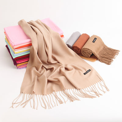 2pc Luxe Soft Imitation Cashmere Scarf - Warm Solid Tone Shawl with Elegant Fringe(Red)