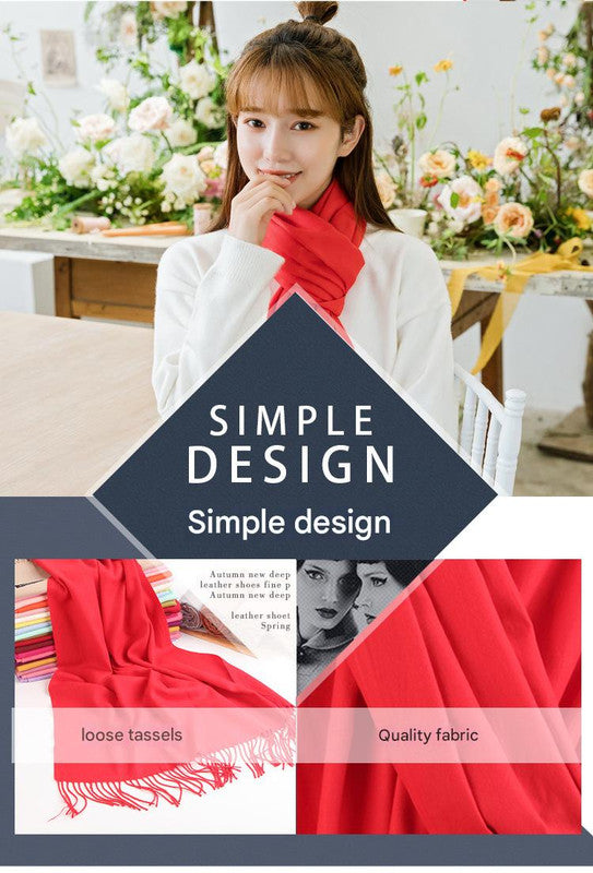 2pc Luxe Soft Imitation Cashmere Scarf - Warm Solid Tone Shawl with Elegant Fringe(Red)