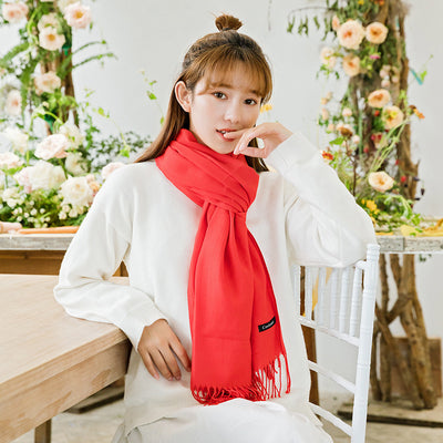2pc Luxe Soft Imitation Cashmere Scarf - Warm Solid Tone Shawl with Elegant Fringe(Red Bean Paste Powder)