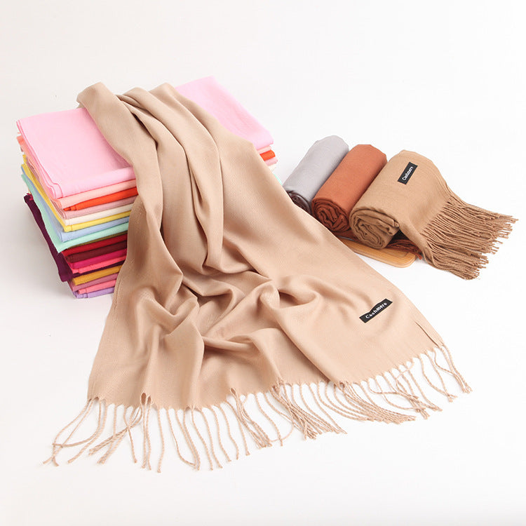 2pc Luxe Soft Imitation Cashmere Scarf - Warm Solid Tone Shawl with Elegant Fringe(Red Bean Paste Powder)