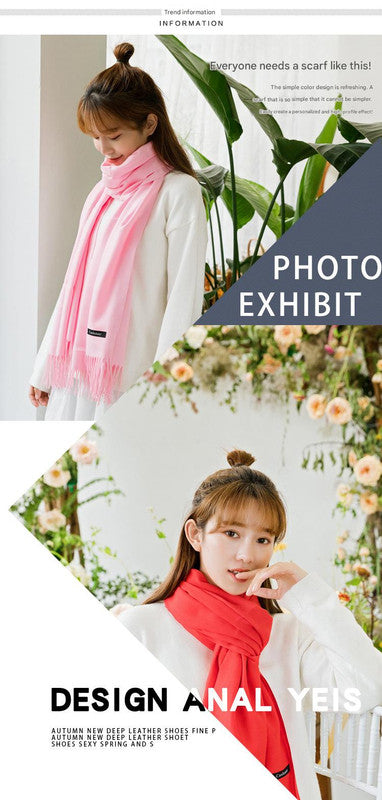 2pc Luxe Soft Imitation Cashmere Scarf - Warm Solid Tone Shawl with Elegant Fringe(Red Bean Paste Powder)