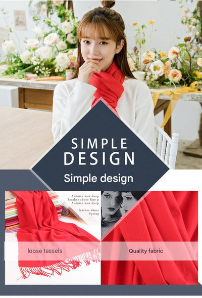 2pc Luxe Soft Imitation Cashmere Scarf - Warm Solid Tone Shawl with Elegant Fringe(Red Bean Paste Powder)