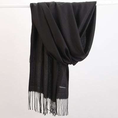 2pc Luxe Soft Imitation Cashmere Scarf - Warm Solid Tone Shawl with Elegant Fringe(Pure black)