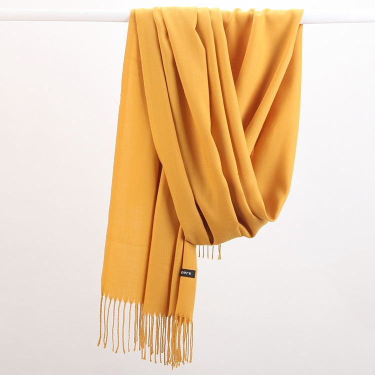 2pc Luxe Soft Imitation Cashmere Scarf - Warm Solid Tone Shawl with Elegant Fringe(Turmeric)