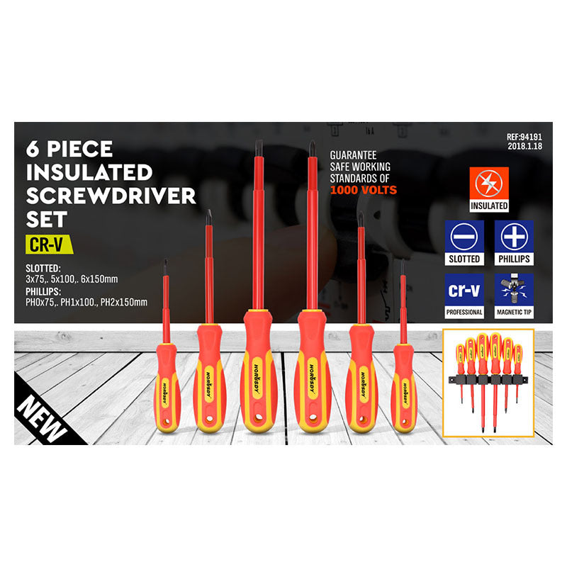 6-Piece Insulated Screwdriver Set - 1000V Rated, CR-V Steel with Magnetic Tips & Wall Rack