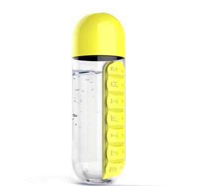 2-in-1 Water Bottle with 7-Day Pill Organizer - 600ml BPA-Free, Portable & Leakproof(Yellow)