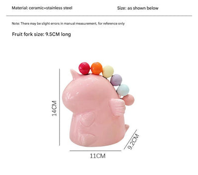 Adorable Unicorn Ceramic Fruit Fork Holder Set - Includes Stainless Steel Forks with Ball Tops(pink)
