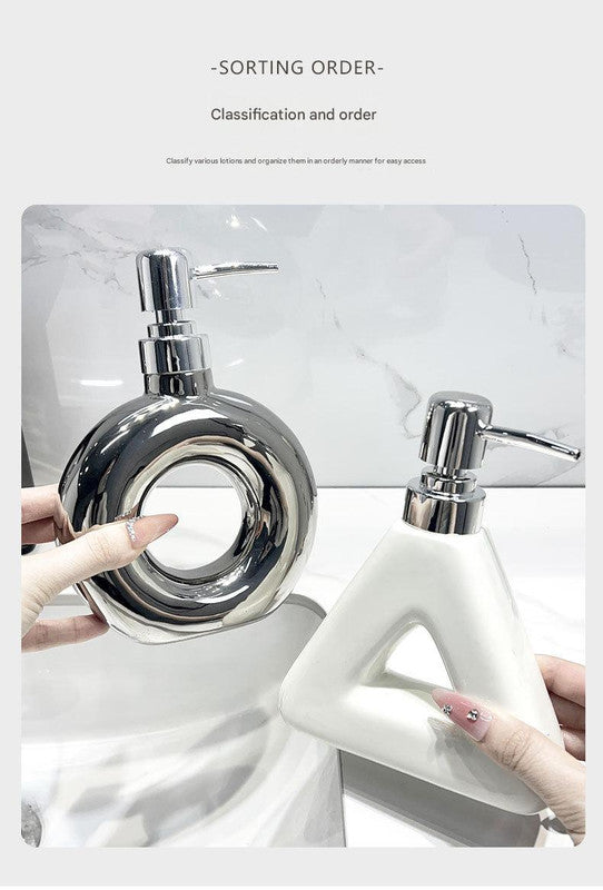Modern Ceramic Soap & Lotion Dispenser - Unique Geometric Designs, 300ml Capacity(Donut lotion bottle, silver)