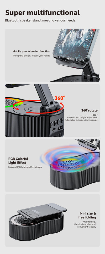 Foldable Bluetooth Speaker with 360 Rotating Phone/Tablet Stand & RGB Lights - HIFI Surround Sound(black)