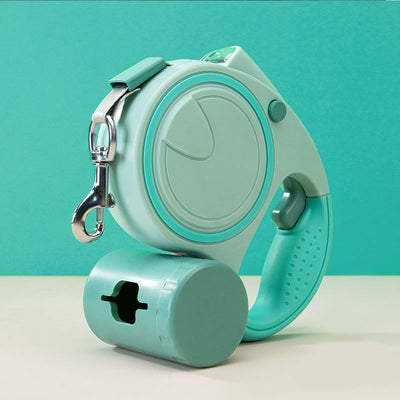 Green 3M Retractable Dog Leash - Built-in LED Light (No Batteries) and Bag Holder