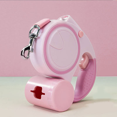 Pink 3M Retractable Dog Leash - Built-in LED Light (No Batteries) and Bag Holder