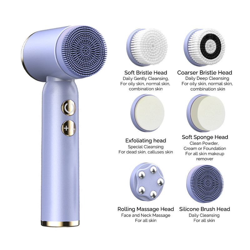 White 6-in-1 Electric Facial Cleansing Brush Set - Rechargeable & Waterproof