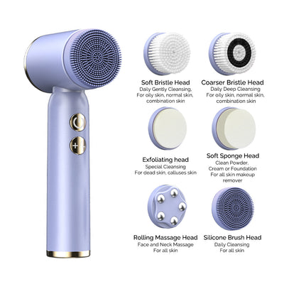 Purple 6-in-1 Electric Facial Cleansing Brush Set - Rechargeable & Waterproof