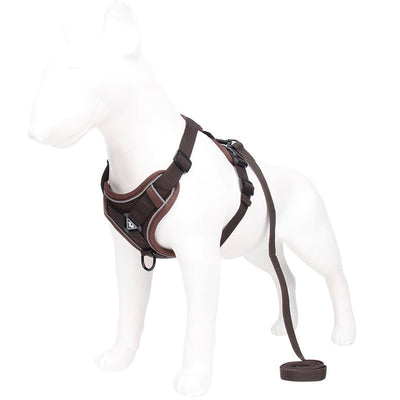 Brown Reflective Mesh Dog Harness and Leash Set - Adjustable No-Pull Vest - L