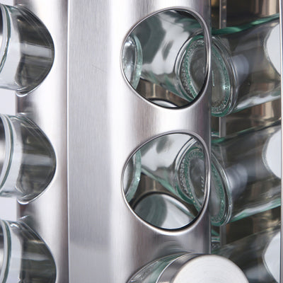 Modern stainless steel round rotating spice rack with 12 empty glass jars (88 ml each)
