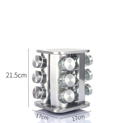 Modern stainless steel rounded corner rotating spice rack with 12 empty glass jars (88 ml each)
