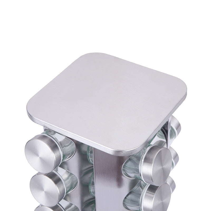 Modern stainless steel rounded corner rotating spice rack with 12 empty glass jars (88 ml each)