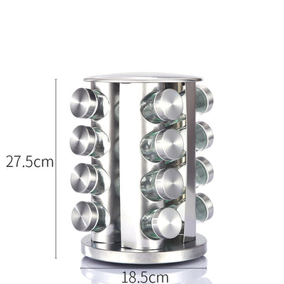 Modern stainless steel round-top rotating spice rack with 16 empty glass jars (88 ml each)