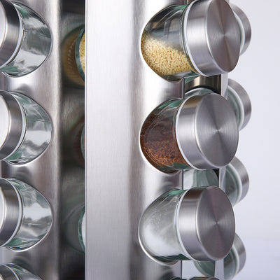 Modern stainless steel round-top rotating spice rack with 16 empty glass jars (88 ml each)