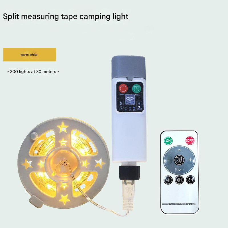 (300 lights warm white at 30 meters) Camping tent light kit - rechargeable power bank, spool light string, remote control