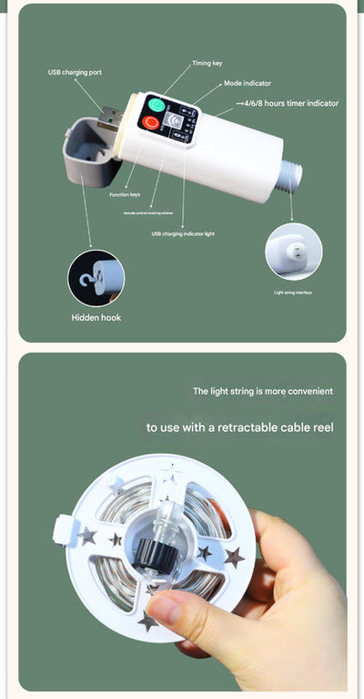 (200 lights warm white at 20 meters) Camping tent light kit - rechargeable power bank, spool light string, remote control