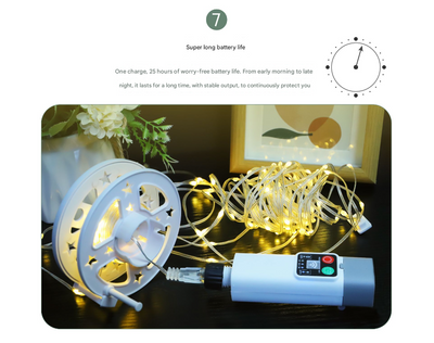 (200 lights warm white at 20 meters) Camping tent light kit - rechargeable power bank, spool light string, remote control