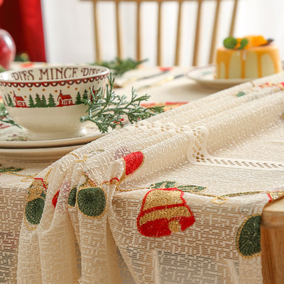 Embroidered Christmas Tablecloth - Embroidered Bells & Holly Design (140*140cm)