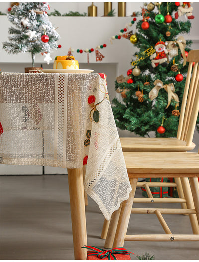 Embroidered Christmas Tablecloth - Embroidered Bells & Holly Design (140*140cm)
