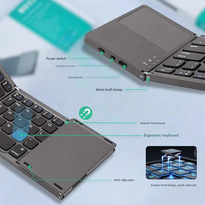 Black Tri-Fold Bluetooth Keyboard with Touchpad - Multi-Device Compatible (iOS/Android/Win)
