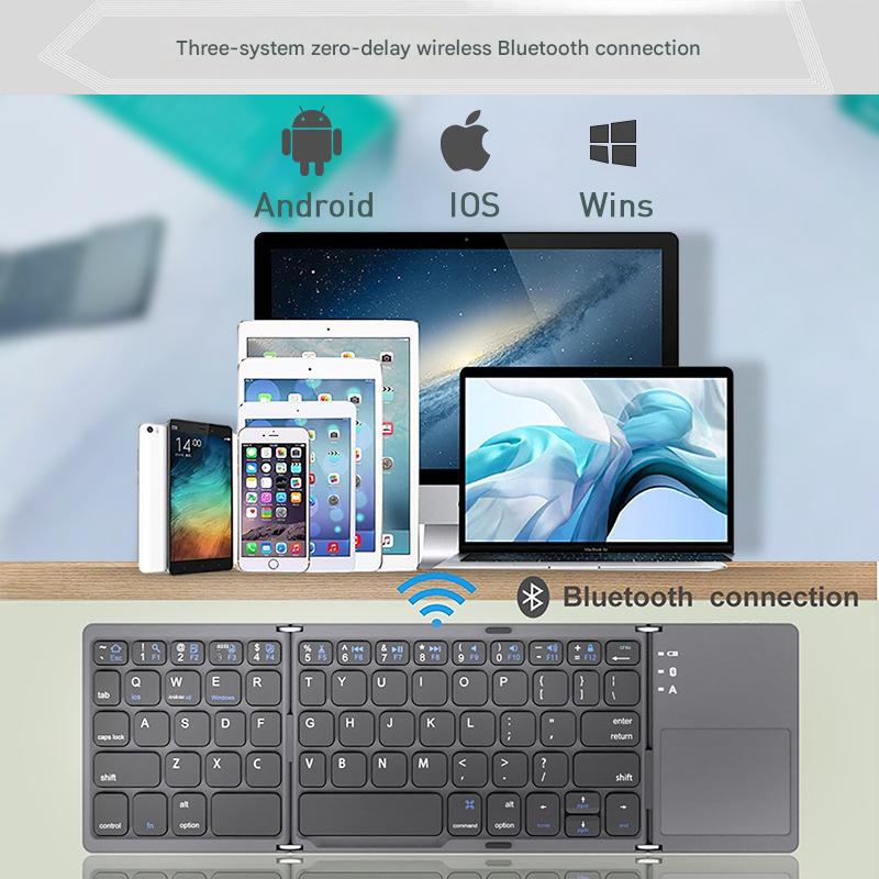 White Tri-Fold Bluetooth Keyboard with Touchpad - Multi-Device Compatible (iOS/Android/Win)