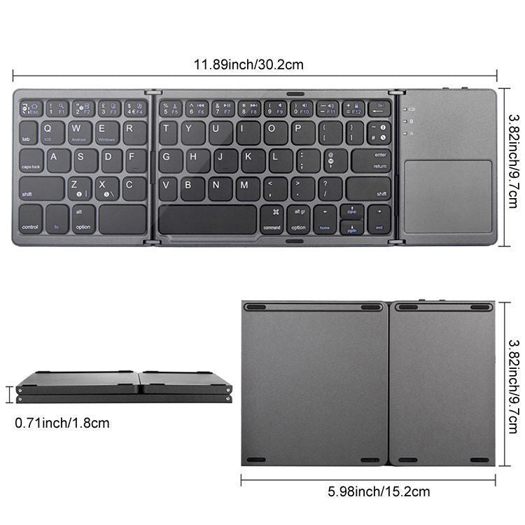 White Tri-Fold Bluetooth Keyboard with Touchpad - Multi-Device Compatible (iOS/Android/Win)