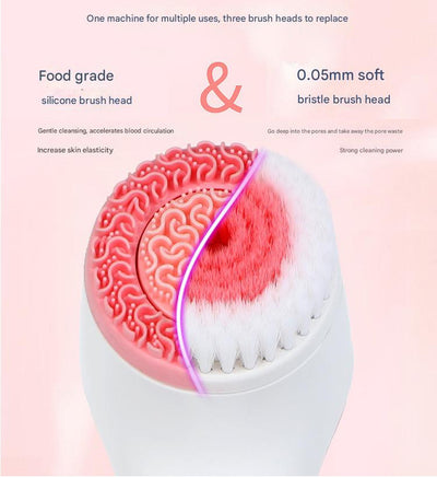 Pink Waterproof Facial Cleansing Spin Brush Set - Rechargeable with 3 Heads & Charging Stand